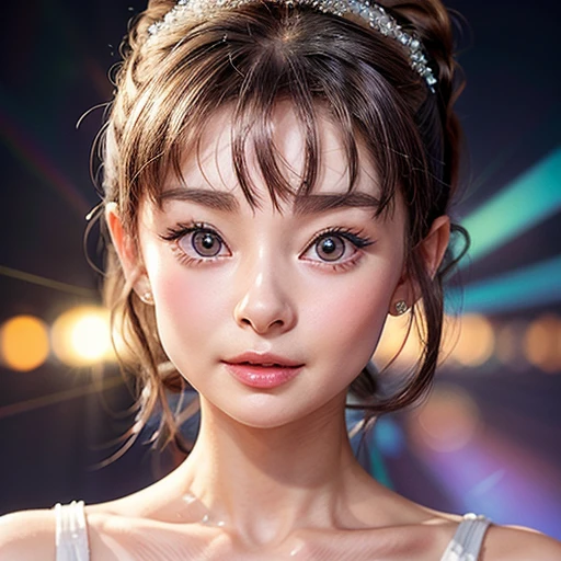 NSFW, 8k, High-level, absurd, masterpiece, best quality, primitive, very detailed CG, very detailed wallpaper, perfect lighting, Extremely detailed (((The personifying " Audrey Hepburn " as a Girl))), MysticSight, Tyndall effect, Tyndall scattering, (Studio gray background with (many Dazzling RainbowColor particles BokeH)), (RoundlyButts, ThighGap), (Exposed:0.4), (Assfocus with looking ahead), BREAK (NOGIZAKA face variations) Extremely Detailed very KAWAII face variations, perfect anatomy, Childish, captivating gaze, elaborate detailed Eyes with (sparkling highlights:1.28), long eyelashes、Glossy RED Lips with beautiful details, Coquettish tongue, Rosy cheeks, Radiant PearlSkin with clear transparency . { (Dynamic LifeLike expressions:1.4) | :d) }, (large eyes:-1) .