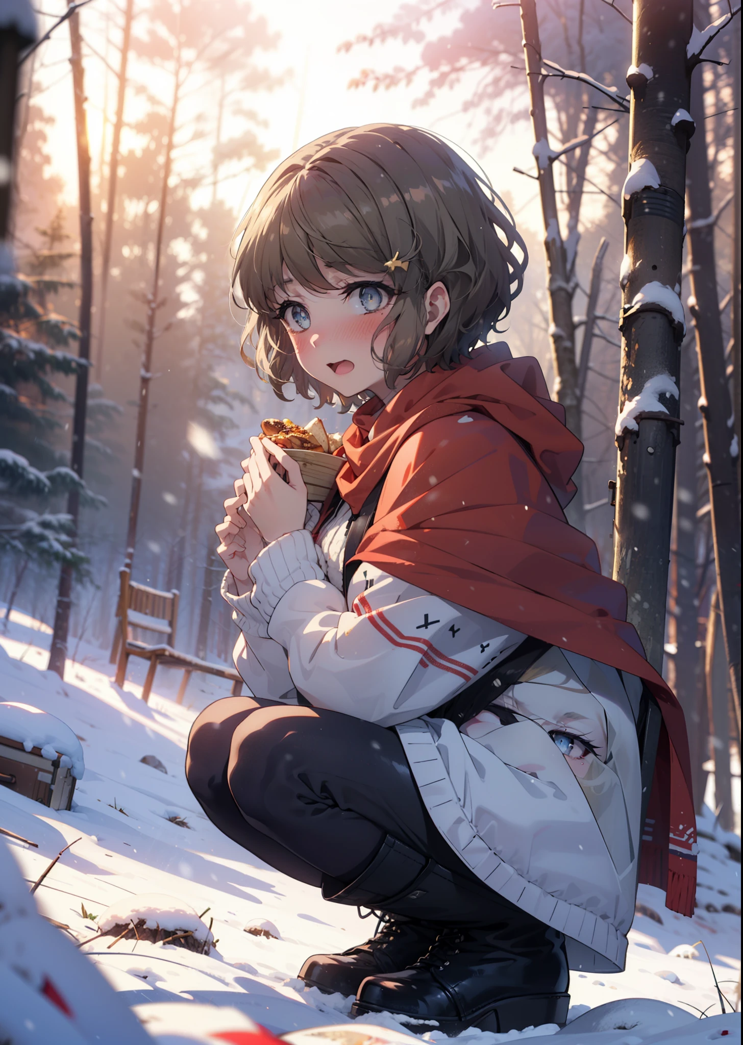 tomoekoga, Chie Koga, short hair, Brown Hair, blue eyes, hair band,smile,blush,White Breath,Center of chest,
Open your mouth,snow,Ground bonfire, Outdoor, boots, snowing, From the side, wood, suitcase, Cape, Blurred, having meal, forest, White handbag, nature, Squat, Mouth closed, Cape, winter, Written boundary depth, Black shoes, red Cape break looking at viewer, Upper Body, whole body, break Outdoor, forest, nature, break (masterpiece:1.2), highest quality, High resolution, unity 8k wallpaper, (shape:0.8), (Beautiful and beautiful eyes:1.6), Highly detailed face, Perfect lighting, Extremely detailed CG, (Perfect hands, Perfect Anatomy),