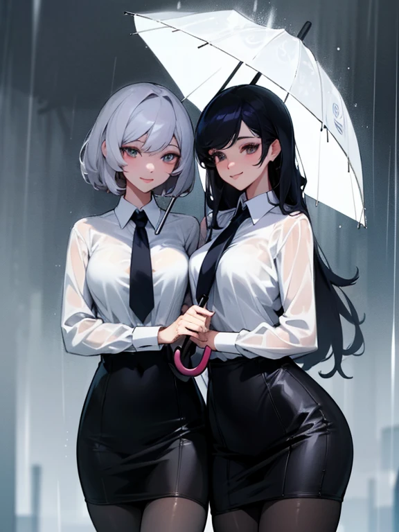 two sexy women, umbrella, holding umbrella, shared umbrella, pantyhose, white shirt, pencil skirt, rain, smile, highly detailed, HD, 4K, Masterpiece, highres