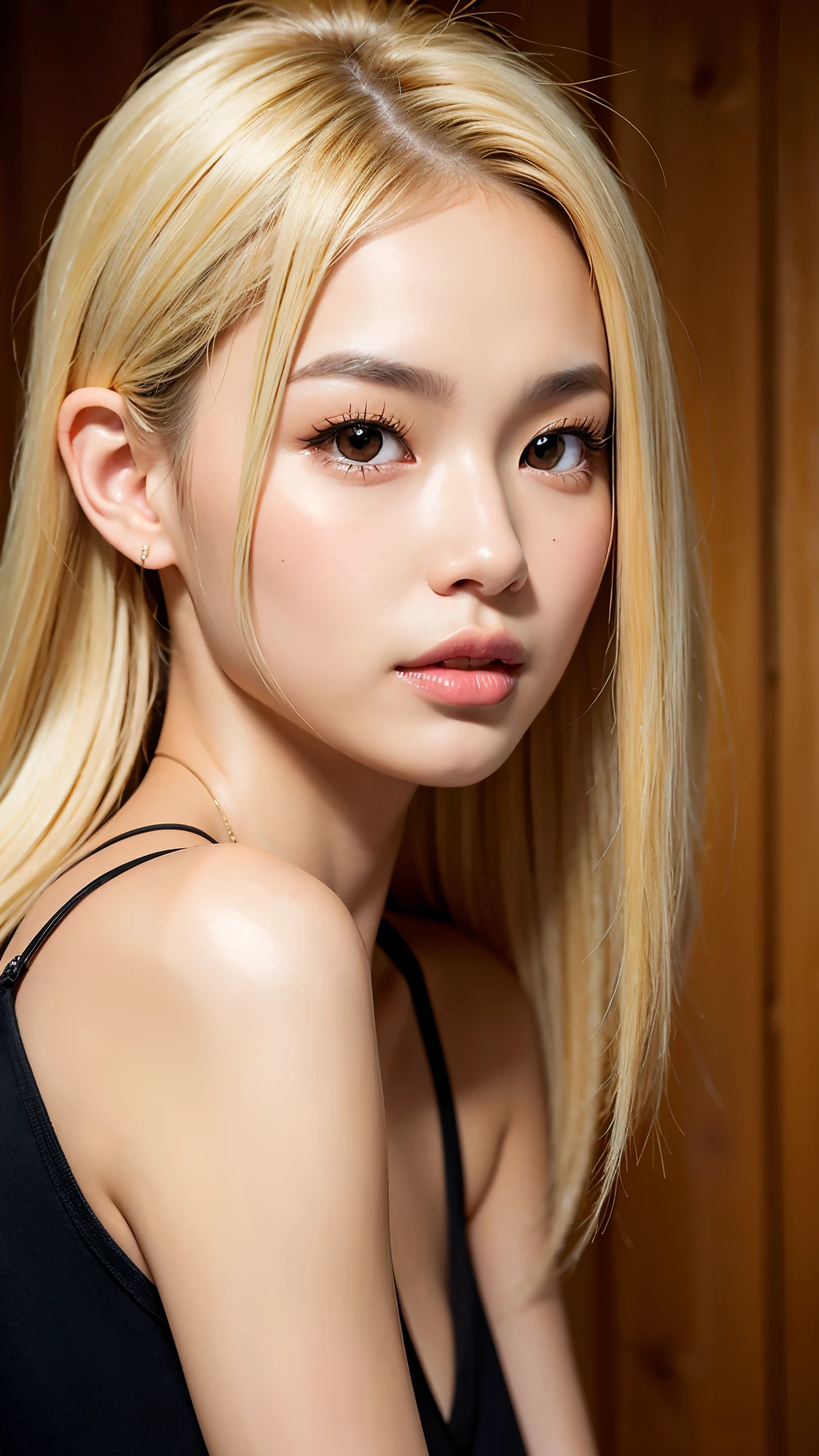 Realistic portrait of a 21 year old Asian girl with blonde skunk hair, Perfect Face, Brown eyes, cute, beautiful, Perfect jawline, Detailed characteristics, Thin Nose, Very detailed. She&#39;s a natural, Friendly expressions and soft lighting, Golden hour sunlight. 背景はbeautiful屋外の風景にしましょう, Perhaps a sunny park or beach. This image was taken in high resolution using an 85mm lens.、Providing a fascinating perspective、Large Breasts、cleavage
Waiting to start 
