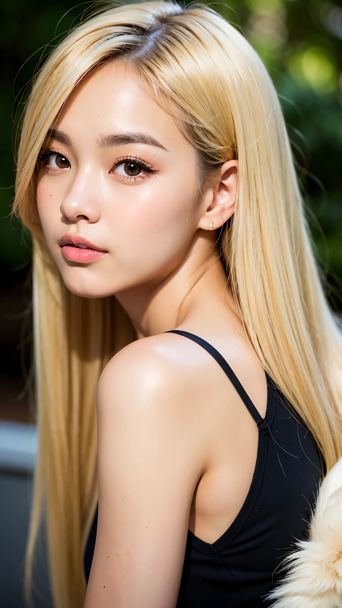 Realistic portrait of a 21 year old Asian girl with blonde skunk hair, Perfect Face, Brown eyes, cute, beautiful, Perfect jawline, Detailed characteristics, Thin Nose, Very detailed. She&#39;s a natural, Friendly expressions and soft lighting, Golden hour sunlight. 背景はbeautiful屋外の風景にしましょう, Perhaps a sunny park or beach. This image was taken in high resolution using an 85mm lens.、Providing a fascinating perspective、Large Breasts、cleavage
Waiting to start 
