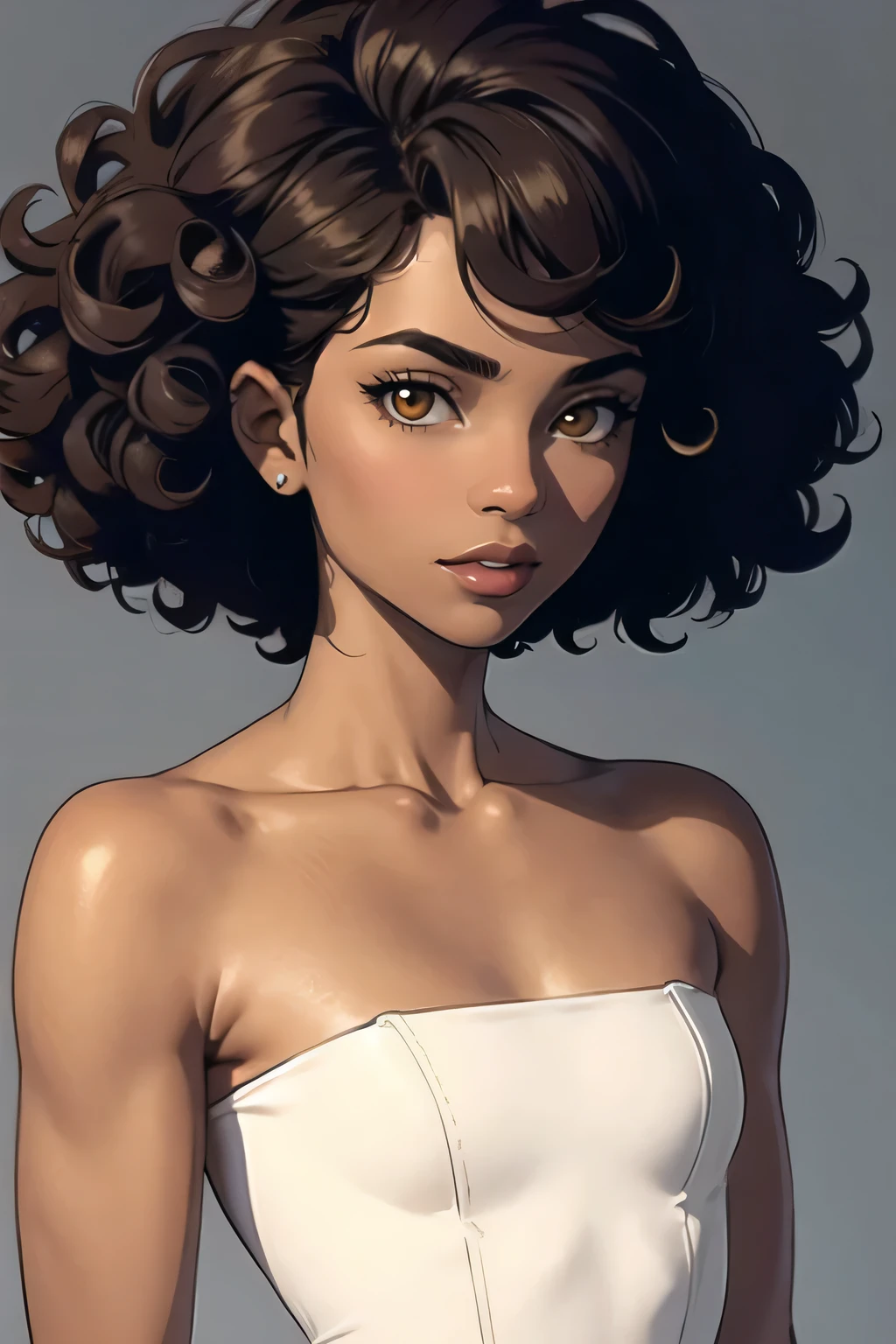 (masterpiece:1.2)

- A woman with dark skin, brown curly hair, slim, slender body, tall, slightly muscular, small breasts, gold eyes, curly hair. African american, ebony skin.

-curly hair, layered curly hair, curly bangs, short hair, short curly hair.

-slim, slightly muscular arm, small breasts, flat chest, slender, lean.

-dress in a white strapless dress. Simple white strapless dress.

-mature female, adult woman. Mature, adult

-over-the-shoulder glance, from the back, simple grey background, minimalistic, close up shot, portrait shot.