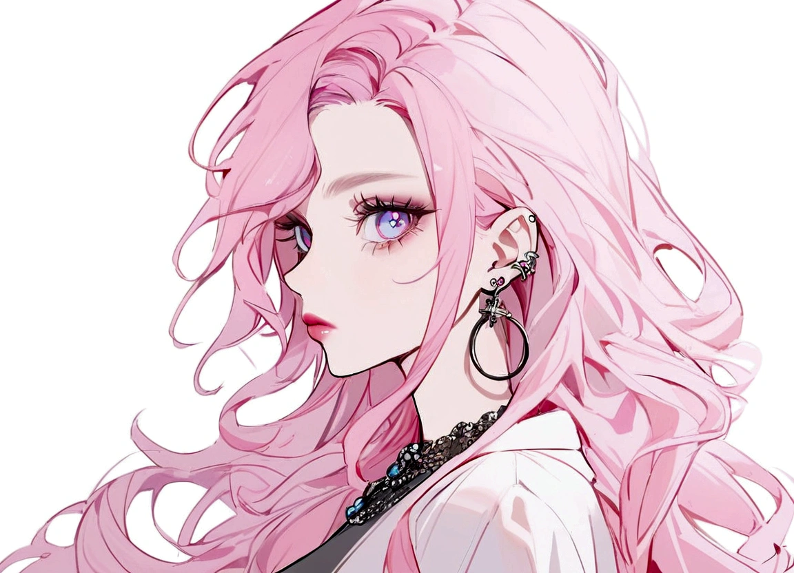 Hongliu, 1 girl, alone, long hair, looking at the viewer, blue eyes background, white background, jewelry, closed mouth, Jacket, Upper body, pink hair, earrings, pink eyes, necklace, From the side, sweater, lips, eyelash, compensate, wavy hair, earrings, cross, lipstick, ear earrings, eye shadow, hoop earrings, pink lips, multicolored eyes, pink theme, , pink eye shadow,