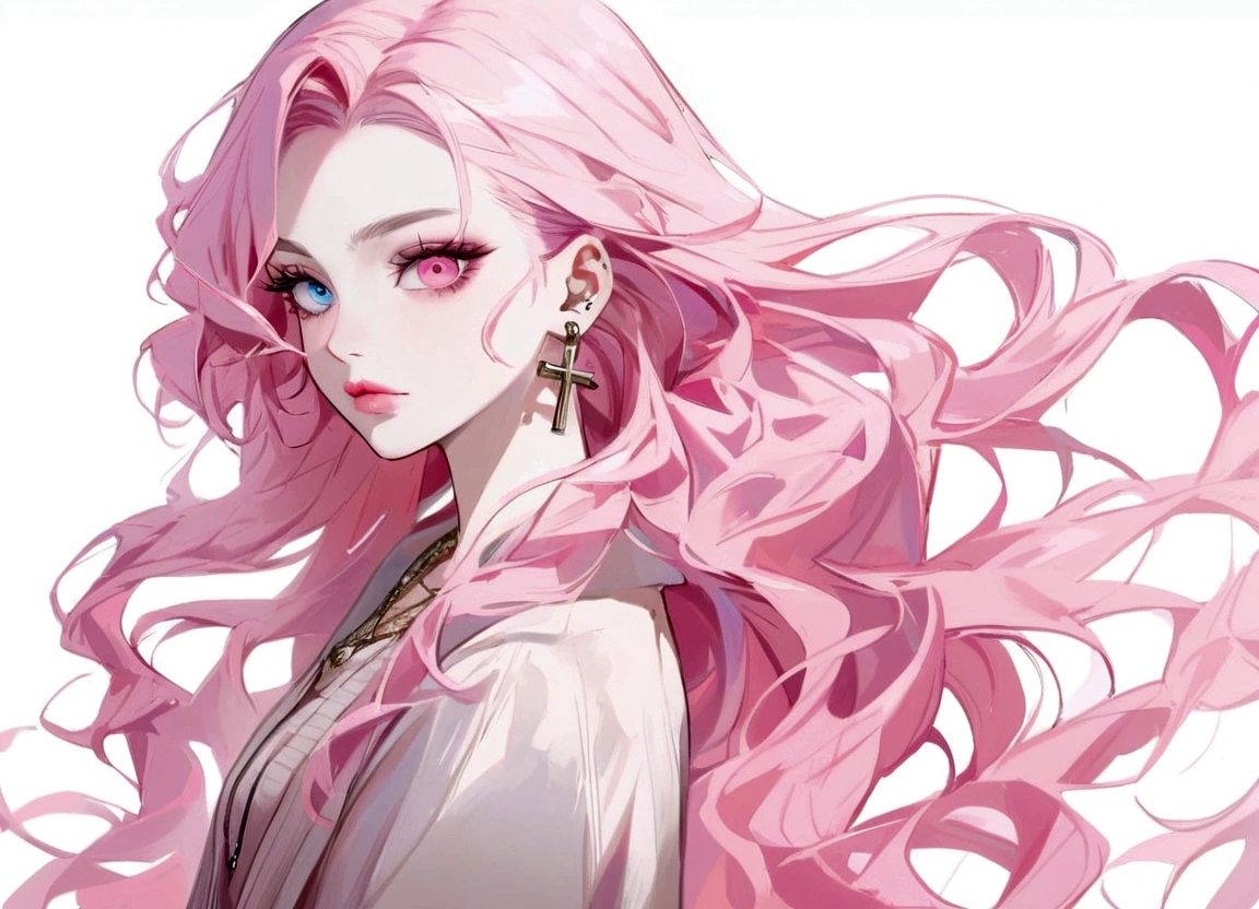 Hongliu, 1 girl, alone, long hair, looking at the viewer, blue eyes background, white background, jewelry, closed mouth, Jacket, Upper body, pink hair, earrings, pink eyes, necklace, From the side, sweater, lips, eyelash, compensate, wavy hair, earrings, cross, lipstick, ear earrings, eye shadow, hoop earrings, pink lips, multicolored eyes, pink theme, , pink eye shadow,