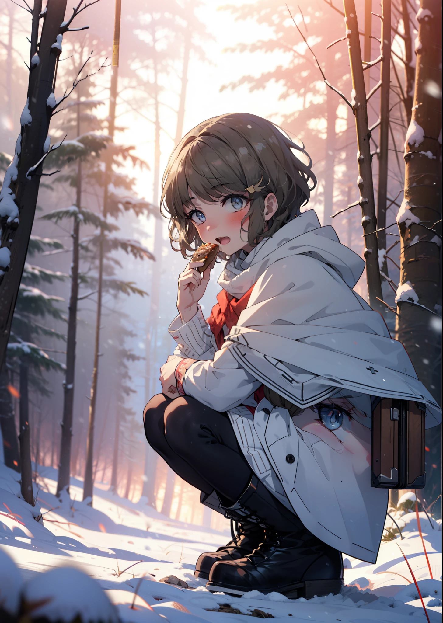 tomoekoga, Chie Koga, short hair, Brown Hair, blue eyes, hair band,smile,blush,White Breath,Center of chest,
Open your mouth,snow,Ground bonfire, Outdoor, boots, snowing, From the side, wood, suitcase, Cape, Blurred, having meal, forest, White handbag, nature, Squat, Mouth closed, Cape, winter, Written boundary depth, Black shoes, red Cape break looking at viewer, Upper Body, whole body, break Outdoor, forest, nature, break (masterpiece:1.2), highest quality, High resolution, unity 8k wallpaper, (shape:0.8), (Beautiful and beautiful eyes:1.6), Highly detailed face, Perfect lighting, Extremely detailed CG, (Perfect hands, Perfect Anatomy),