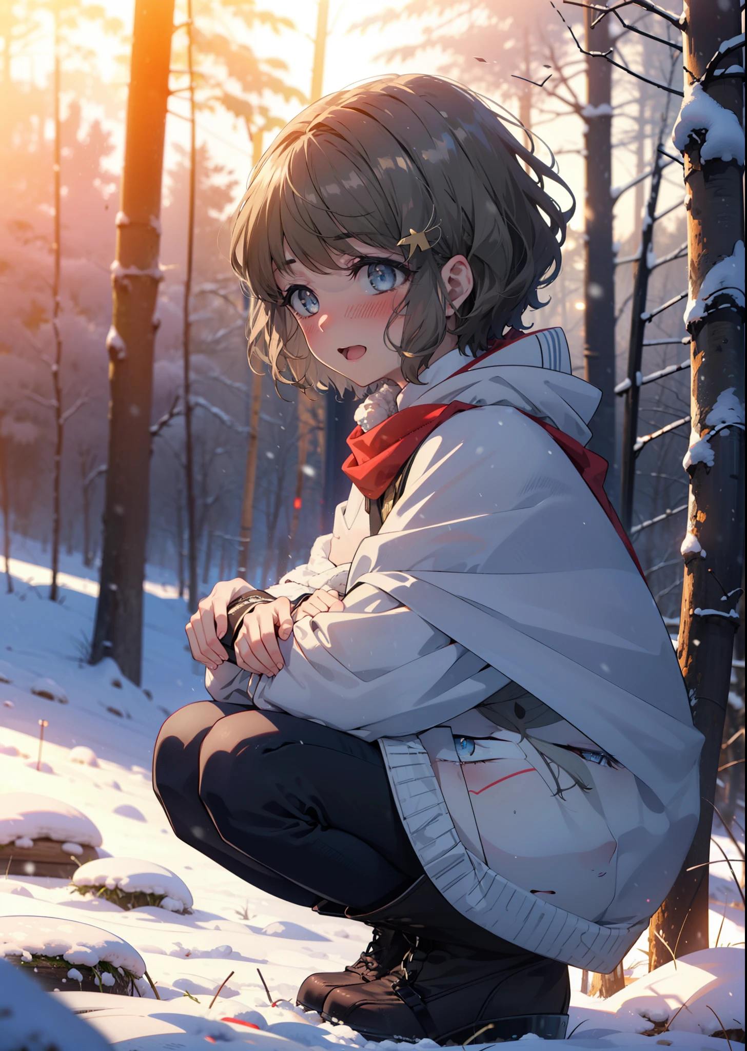 tomoekoga, Chie Koga, short hair, Brown Hair, blue eyes, hair band,smile,blush,White Breath,Center of chest,
Open your mouth,snow,Ground bonfire, Outdoor, boots, snowing, From the side, wood, suitcase, Cape, Blurred, having meal, forest, White handbag, nature,  Squat, Mouth closed, Cape, winter, Written boundary depth, Black shoes, red Cape break looking at viewer, Upper Body, whole body, break Outdoor, forest, nature, break (masterpiece:1.2), highest quality, High resolution, unity 8k wallpaper, (shape:0.8), (Beautiful and beautiful eyes:1.6), Highly detailed face, Perfect lighting, Extremely detailed CG, (Perfect hands, Perfect Anatomy),