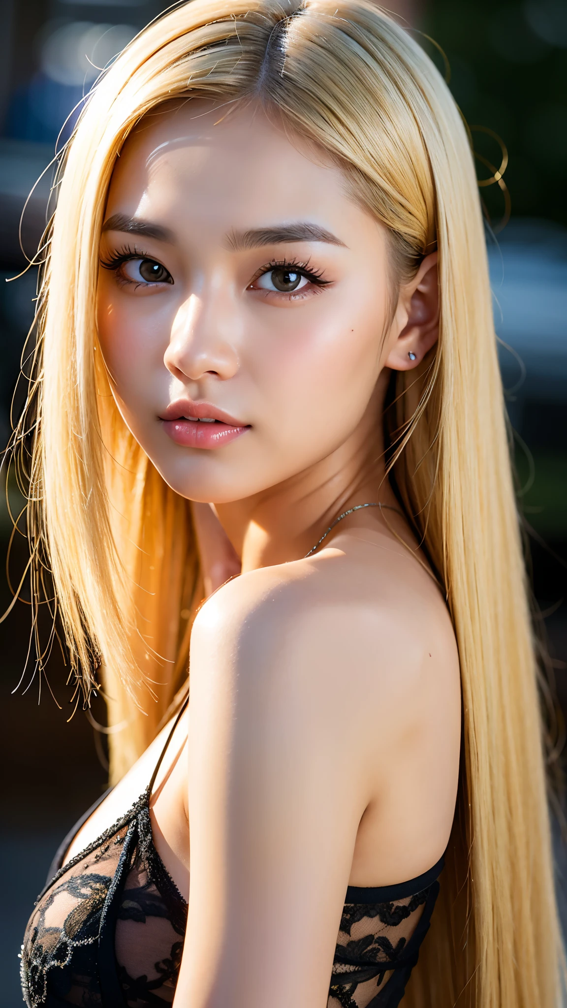 Realistic portrait of a 21 year old Asian girl with blonde skunk hair, Perfect Face, Brown eyes, cute, beautiful, Perfect jawline, Detailed characteristics, Thin Nose, Very detailed. She&#39;s a natural, Friendly expressions and soft lighting, Golden hour sunlight. 背景はbeautiful屋外の風景にしましょう, Perhaps a sunny park or beach. This image was taken in high resolution using an 85mm lens.、Providing a fascinating perspective、Large Breasts、Cleavage、smiling face
Waiting to start 
