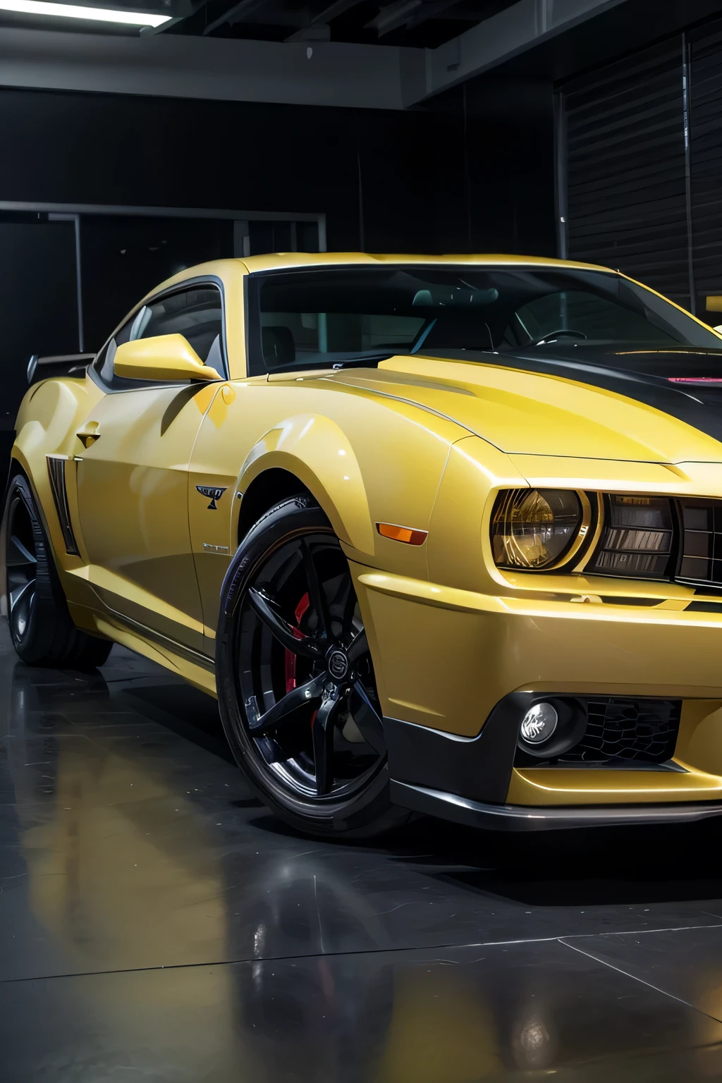 A hyper-realistic 8K close-up of a 2006 Bumblebee concept Camaro in a cinematic style. La imagen captura todos los detalles del frente del auto, destacando los faros futuristas, the grill and the iconic Chevrolet emblem. El acabado de la pintura amarilla brillante, con detalles en negro, refleja la luz de manera realista, showing off the vehicle's elegant lines and curves. The background is blurred to focus attention completely on the Camaro, resaltando su d