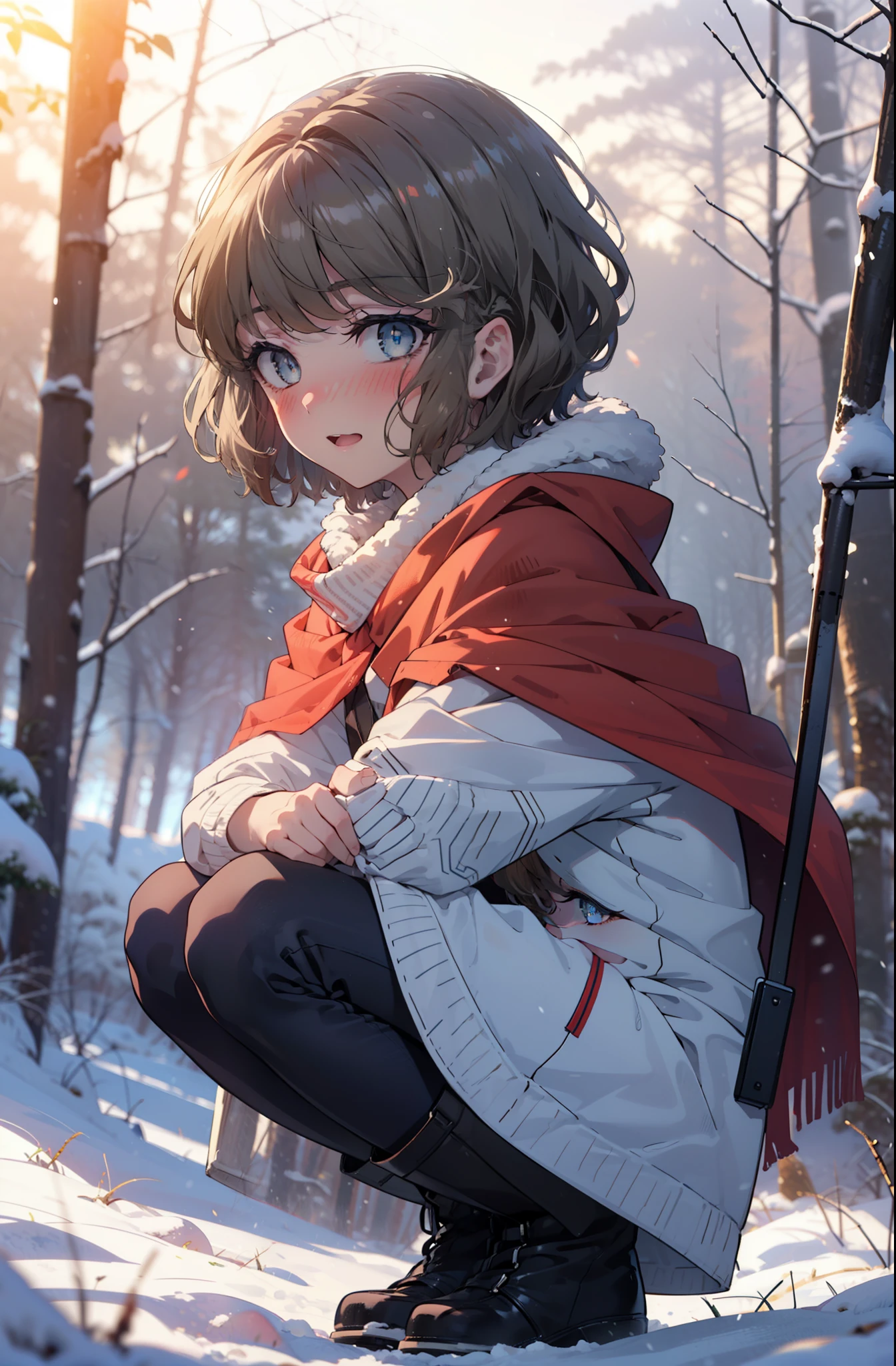 tomoekoga, Chie Koga, short hair, Brown Hair, blue eyes, hair band,smile,blush,White Breath,Center of chest,
Open your mouth,snow,Ground bonfire, Outdoor, boots, snowing, From the side, wood, suitcase, Cape, Blurred, having meal, forest, White handbag, nature,  Squat, Mouth closed, Cape, winter, Written boundary depth, Black shoes, red Cape break looking at viewer, Upper Body, whole body, break Outdoor, forest, nature, break (masterpiece:1.2), highest quality, High resolution, unity 8k wallpaper, (shape:0.8), (Beautiful and beautiful eyes:1.6), Highly detailed face, Perfect lighting, Extremely detailed CG, (Perfect hands, Perfect Anatomy),