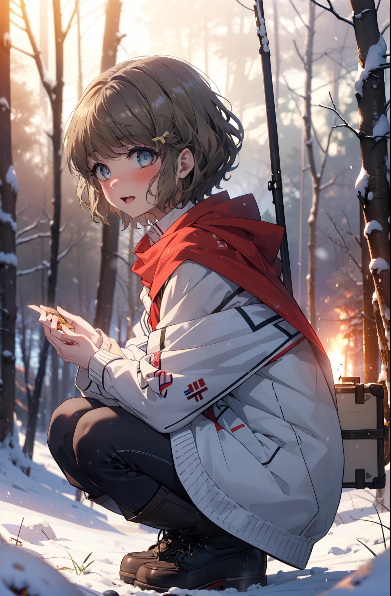 tomoekoga, Chie Koga, short hair, Brown Hair, blue eyes, hair band,smile,blush,White Breath,Center of chest,
Open your mouth,snow,Ground bonfire, Outdoor, boots, snowing, From the side, wood, suitcase, Cape, Blurred, having meal, forest, White handbag, nature,  Squat, Mouth closed, Cape, winter, Written boundary depth, Black shoes, red Cape break looking at viewer, Upper Body, whole body, break Outdoor, forest, nature, break (masterpiece:1.2), highest quality, High resolution, unity 8k wallpaper, (shape:0.8), (Beautiful and beautiful eyes:1.6), Highly detailed face, Perfect lighting, Extremely detailed CG, (Perfect hands, Perfect Anatomy),