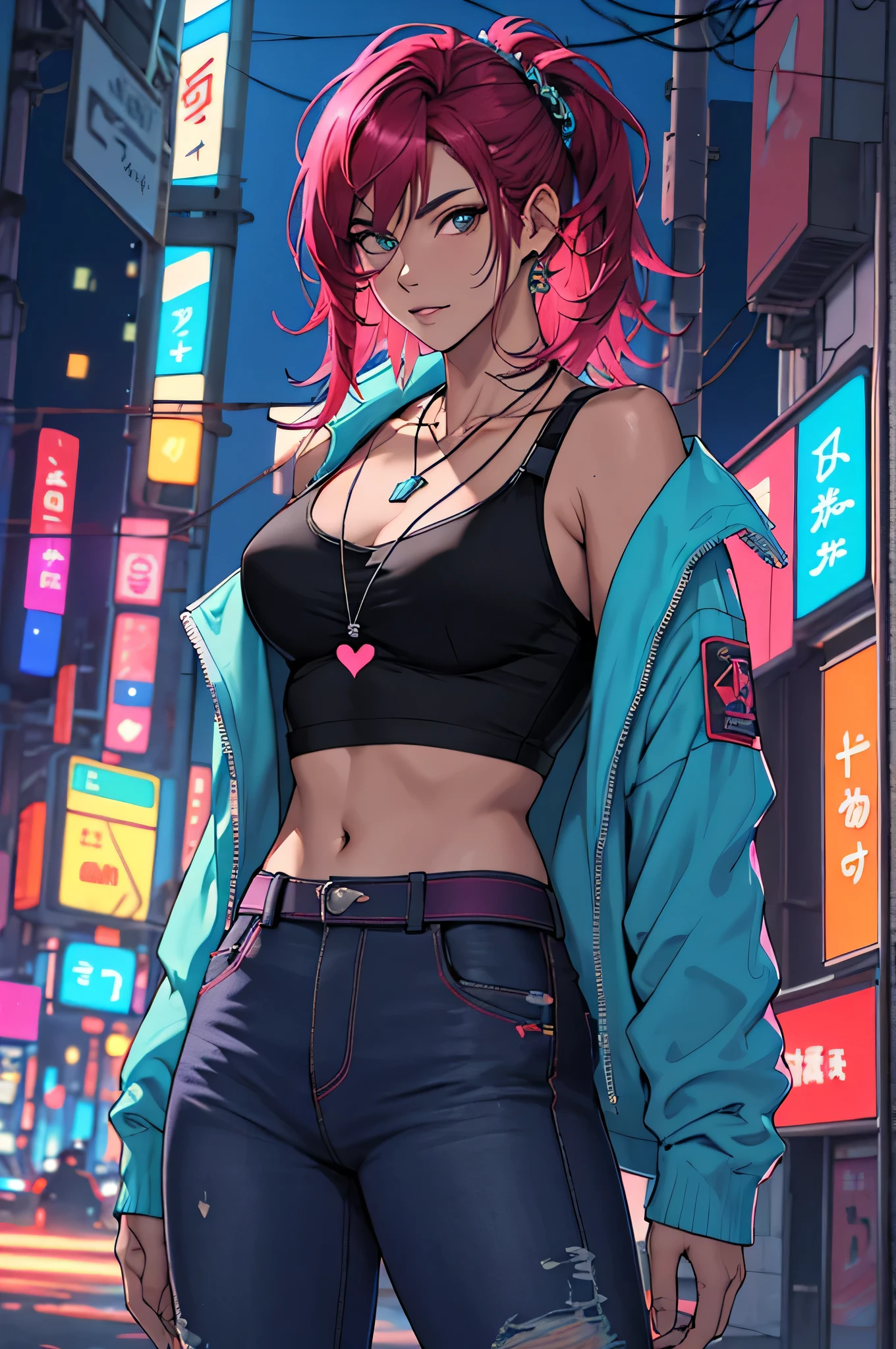 4k best quality, Cyberpunk vaporwave night scene , linda mulher,medium breasts doing dynamic model poses, cabelo longo, cabelo castanho, medium breasts, olhos roxos, pele reluzente,camisa branca, hot pants,neon red heart necklace, olhando para o espectador, noite, colorful hydrangea,textura suave,vista frontal