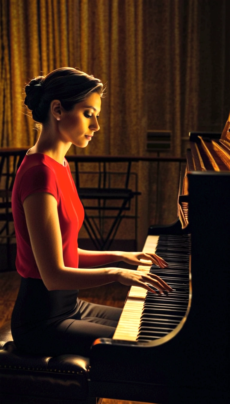 Create an image of a woman playing the piano