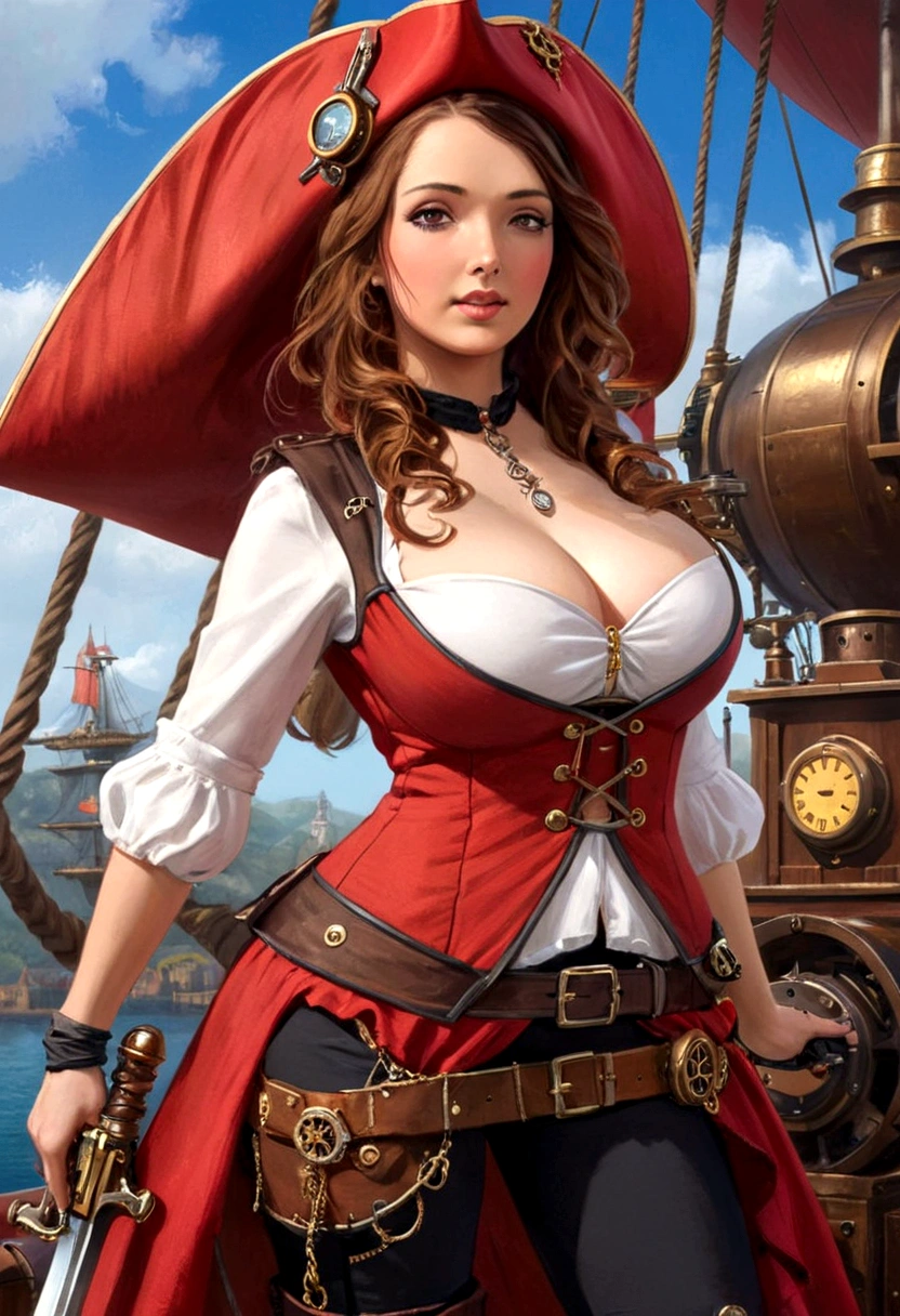 a cute woman sky pirate, sexy over exposed pirate outfit, sword pistol at side, pirate hat, red themed steampunk airship, crew, best quality, 4k, 8k, highres, masterpiece:1.2, ultra-detailed, realistic, photorealistic, photo-realistic:1.37, HDR, UHD, studio lighting, ultra-fine painting, sharp focus, physically-based rendering, extreme detail description, professional, vivid colors, bokeh, portraits, steampunk