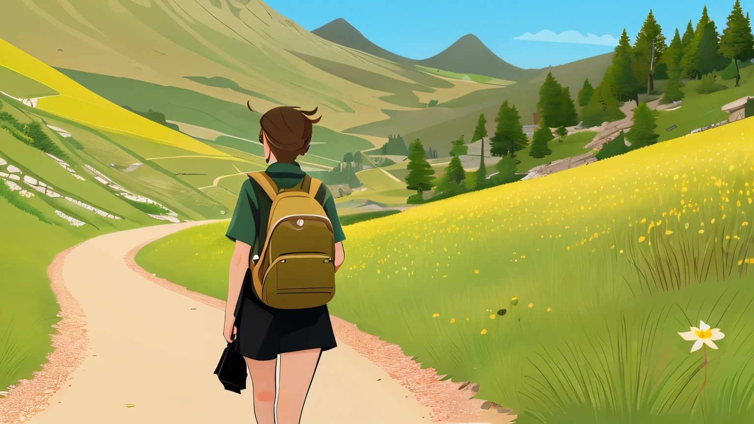 Create an image of a beautiful young woman with brown hair pulled back, bright skin,carrying a backpack, wearing a brown shirt , hiking, walking up a mountain. Both sides of the road are full of camomiles flowers ,cartoon style. See Her legs and shoes can be seen walking go straight ahead the mountain.