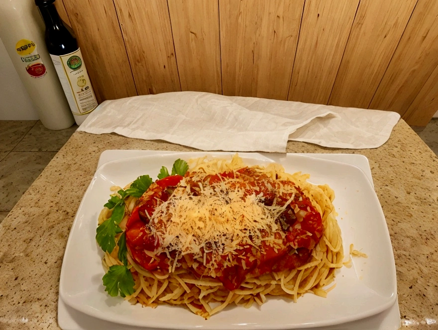 open view plan. uma cozinha com a banca repleta de palmito, Parmesan cheese, tomate, azeitona e um saco de batata palha. See if there is a slight dirt, fruit of a lunch preparation.
