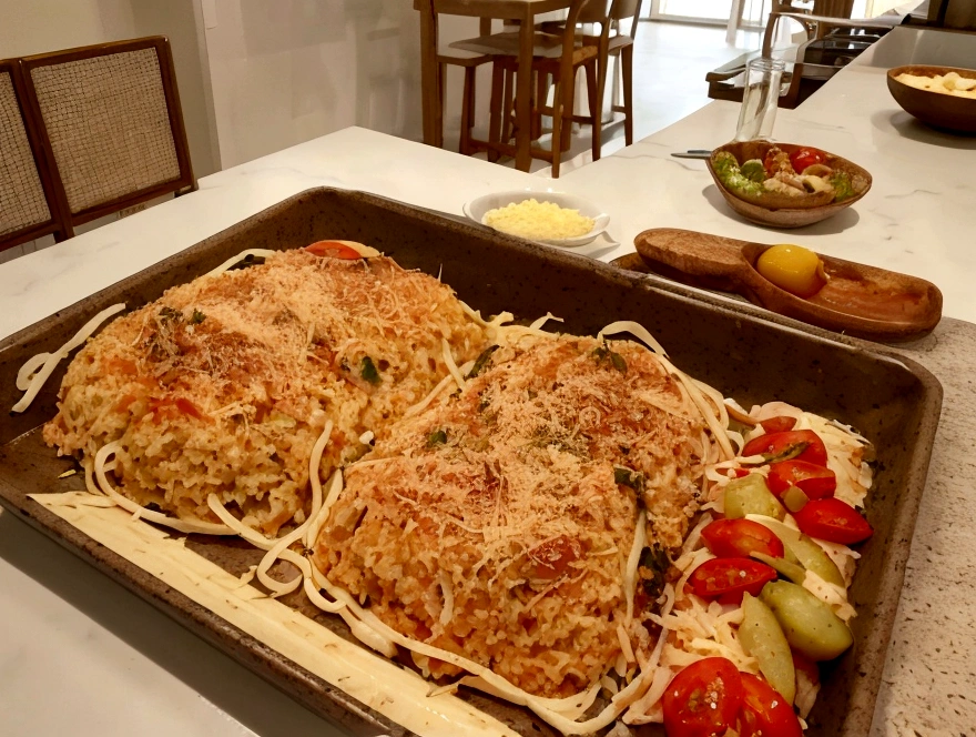 open view plan. uma cozinha com a banca repleta de palmito, Parmesan cheese, tomate, azeitona e um saco de batata palha. See if there is a slight dirt, fruit of a lunch preparation.
