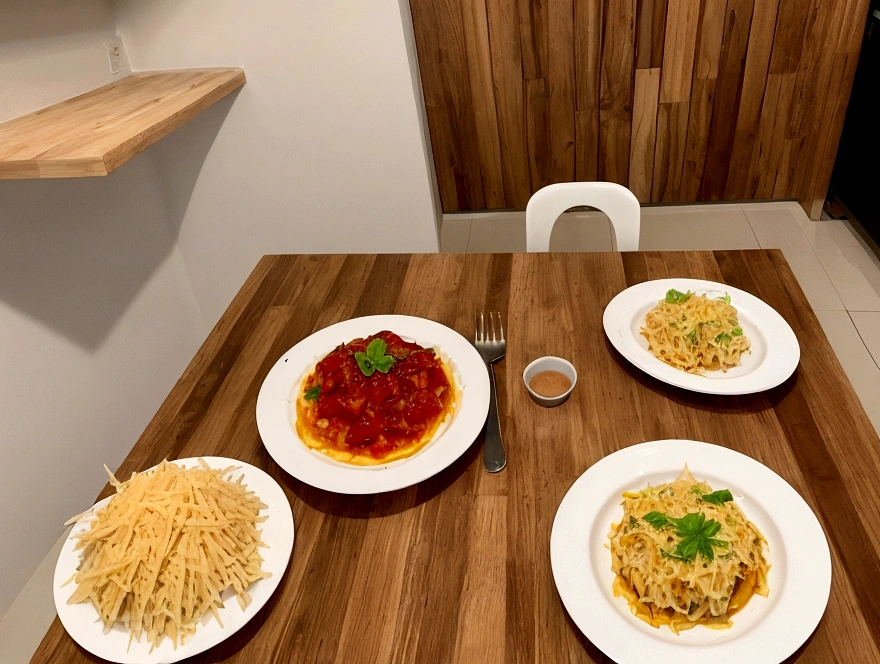 open view plan. uma cozinha com a banca repleta de palmito, Parmesan cheese, tomate, azeitona e um saco de batata palha. See if there is a slight dirt, fruit of a lunch preparation.
