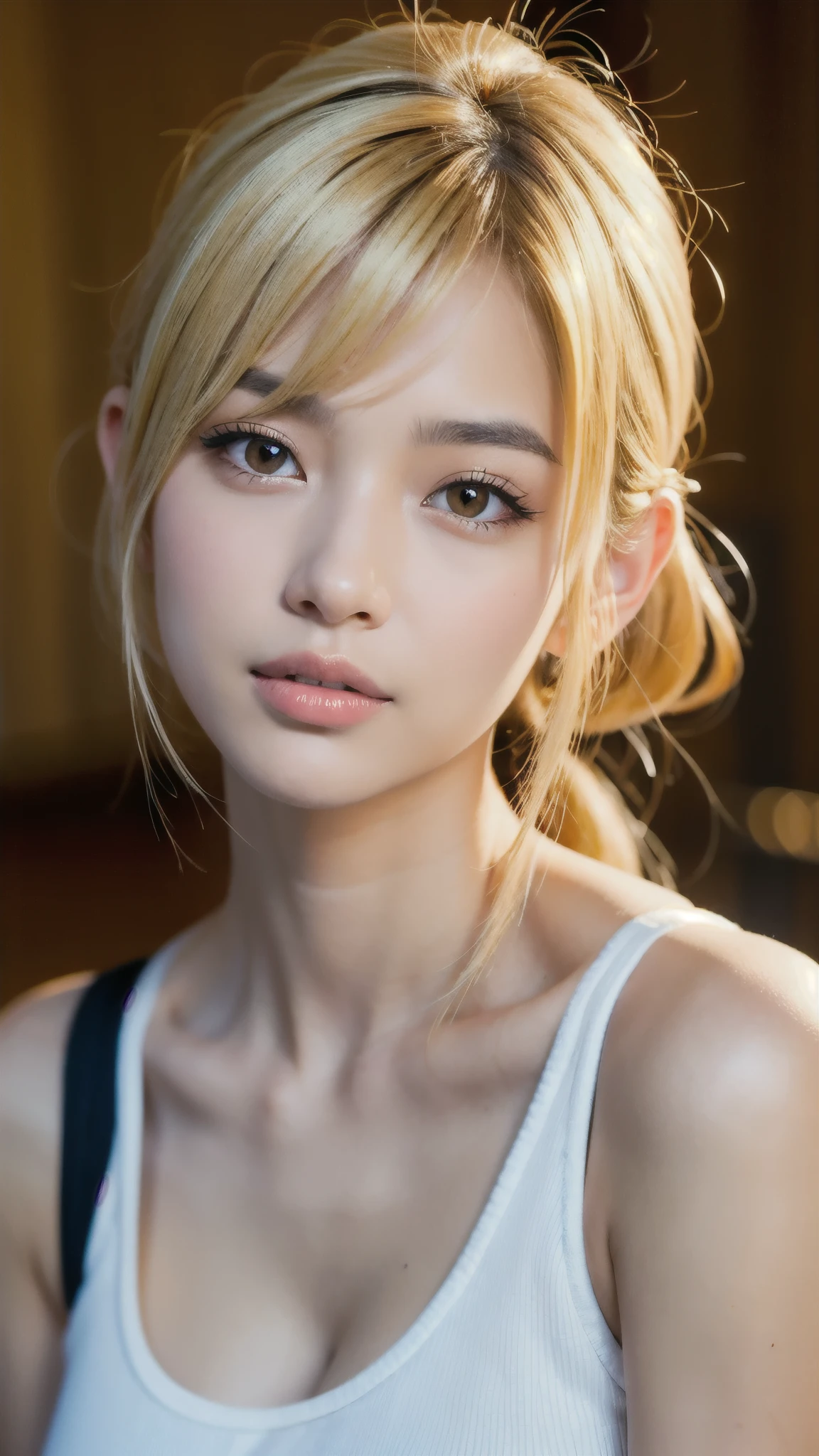 Realistic portrait of a 21 year old Asian girl with blonde skunk hair, Perfect Face, Brown eyes, cute, beautiful, Perfect jawline, Detailed characteristics, Thin Nose, Very detailed. She&#39;s a natural, Friendly expressions and soft lighting, Golden hour sunlight. 背景はbeautiful屋外の風景にしましょう, Perhaps a sunny park or beach. This image was taken in high resolution using an 85mm lens.、Providing a fascinating perspective、Large Breasts、Cleavage、smiling face
Waiting to start 
