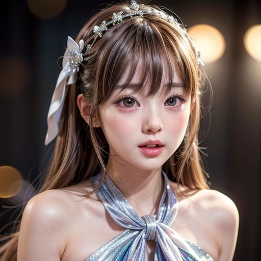 NSFW, 8k, High-level, absurd, masterpiece, best quality, primitive, very detailed CG, very detailed wallpaper, perfect lighting, Extremely detailed (((The personifying " Shiraishi Mai " as a Girl))), MysticSight, Tyndall effect, Tyndall scattering, Studio gray background with (many Dazzling RainbowColor particles BokeH:1.28), (RoundlyButts, ThighGap), (Exposed:0.4), (Assfocus with looking ahead), BREAK (NOGIZAKA face variations) Extremely Detailed very KAWAII face variations, perfect anatomy, Childish, captivating gaze, elaborate detailed Eyes with (sparkling highlights:1.28), long eyelashes、Glossy RED Lips with beautiful details, Coquettish tongue, Rosy cheeks, Radiant PearlSkin with clear transparency . { (Dynamic LifeLike expressions:1.4) | :d) }, (large eyes:-1) .