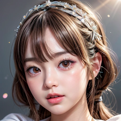 NSFW, 8k, High-level, absurd, masterpiece, best quality, primitive, very detailed CG, very detailed wallpaper, perfect lighting, Extremely detailed (((The personifying " Shiraishi Mai " as a Girl))), MysticSight, Tyndall effect, Tyndall scattering, Studio gray background with (many Dazzling RainbowColor particles BokeH:1.28), (RoundlyButts, ThighGap), (Exposed:0.4), (Assfocus with looking ahead), BREAK (NOGIZAKA face variations) Extremely Detailed very KAWAII face variations, perfect anatomy, Childish, captivating gaze, elaborate detailed Eyes with (sparkling highlights:1.28), long eyelashes、Glossy RED Lips with beautiful details, Coquettish tongue, Rosy cheeks, Radiant PearlSkin with clear transparency . { (Dynamic LifeLike expressions:1.4) | :d) }, (large eyes:-1) .