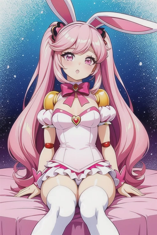 there is a woman sitting on a bed with a cake, belle delphine, fairycore, anime barbie in white stockings, ❤🔥🍄🌪, ultrarealistic sweet bunny girl, anime barbie doll, style of magical girl, pink girl, candy girl, pink pastel, bunny girl, ball jointed doll, candy pastel, ta style, kawaii aesthetic