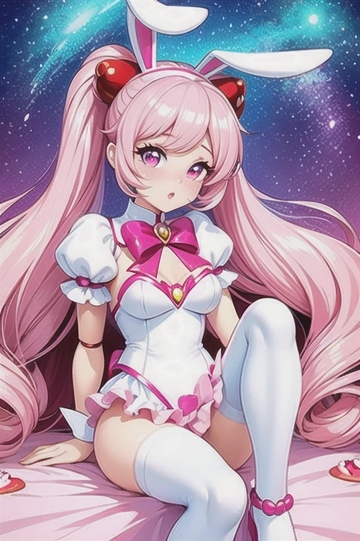 there is a woman sitting on a bed with a cake, belle delphine, fairycore, anime barbie in white stockings, ❤🔥🍄🌪, ultrarealistic sweet bunny girl, anime barbie doll, style of magical girl, pink girl, candy girl, pink pastel, bunny girl, ball jointed doll, candy pastel, ****ta style, kawaii aesthetic