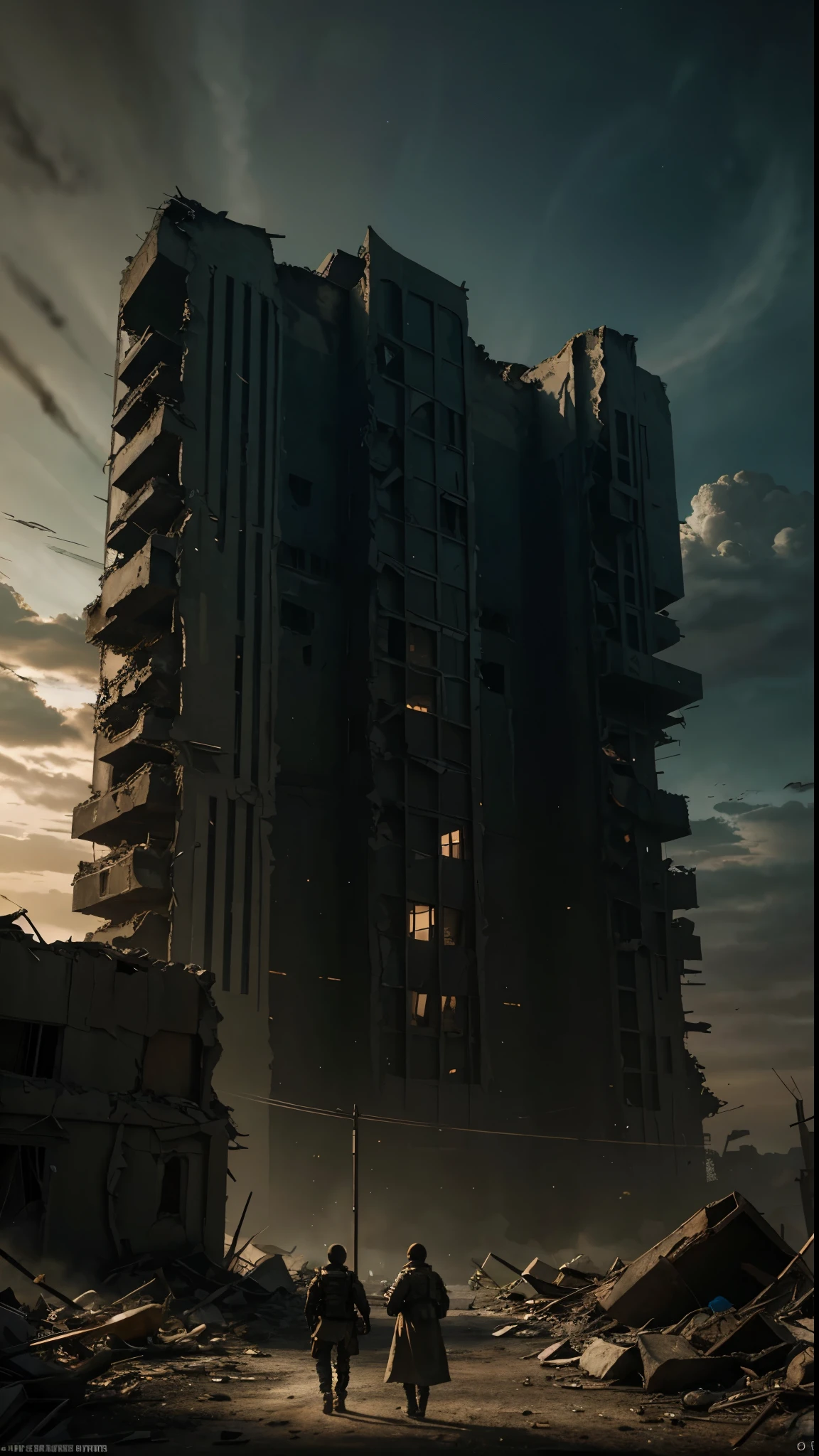 Spectacular, realistic images: ((Apocalypse Friendship)) The end of the world scene、HDR value 1.4 and a calm color palette、Rendered in exquisite detail、Evokes a sense of desolation and melancholy。The apocalypse is depicted in an abandoned cityscape at night.、Screen space refraction in city dust々It adds a layer of realism to the ruins.。 The intricate details and highly detailed elements in this ArtStation-inspired cinematic shot、This is highlighted by the use of vignettes and intricate backgrounds featuring towering and crumbling buildings.。These two