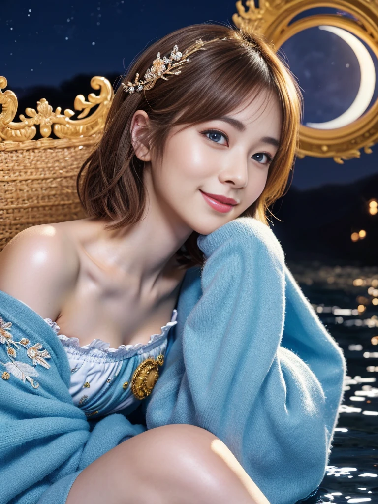 (A Ultra cute young Japanese celestial maiden:1.75), (She is Wearing the robe of a celestial maiden:1.5),(She is an angel floating in the air on the lake:1.5),(beautiful detailed eyes:2.0),beautiful detailed lips, (extremely detailed cute face:2.0), longeyelashes, (slender woman body:2.0), (beautiful short hair:2.0), (natural makeup:1.2),big smile, incredibly beautiful skin,(professional lighting, bright lighting, photorealistic, 8k, high resolution, best quality, masterpiece, ultra-detailed:1.75), vivid colors, (Moonlit Night:1.5),(The moonlight shines on her face:1.2)
