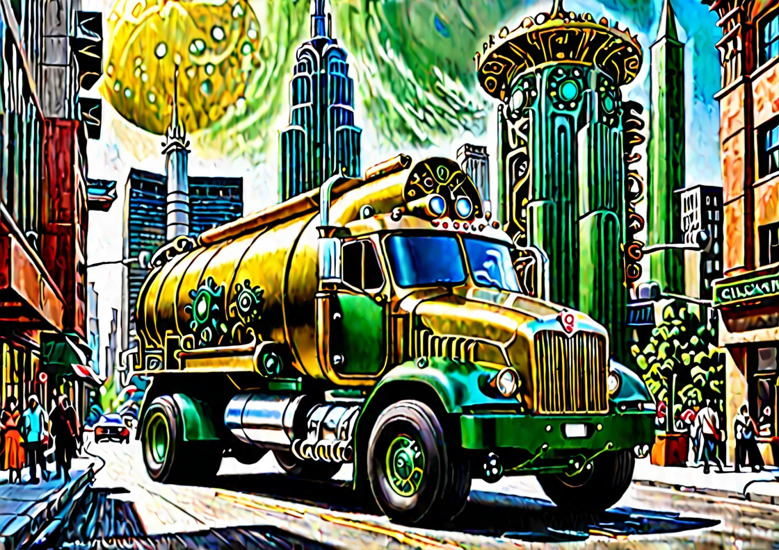 A captivating and futuristic cityscape comes to life with a vibrant and bustling atmosphere. The towering skyline is adorned with 🚧 🏗️ of office buildings, apartments, colosseums, flying machines, ⛪churches, temples, stores, and houses, creating a stunning view. People👫👭🧑🤝🧑🤼♂️🤼♀️ go about their daily lives, while others work diligently on numerous construction sites, adding to the city's dynamic energy. The focal point of the scene is a striking galacticpunk inspired vehicle that merges elements of a 1980s Mack Truck cab & a 1924 Deusenberg. This metallic gold colored with forest green matte colored vehicle features intricate gears, pipes, and metallic lemon colored matte, as it flies throughout the city.🏰🏯 There are forests 🌳 interwoven through everything buildings in the city.
