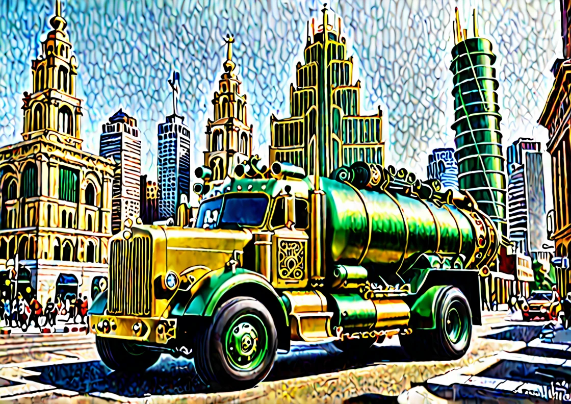 A captivating and futuristic cityscape comes to life with a vibrant and bustling atmosphere. The towering skyline is adorned with 🚧 🏗️ of office buildings, apartments, colosseums, flying machines, ⛪churches, temples, stores, and houses, creating a stunning view. People👫👭🧑‍🤝‍🧑🤼‍♂️🤼‍♀️ go about their daily lives, while others work diligently on numerous construction sites, adding to the city's dynamic energy. The focal point of the scene is a striking galacticpunk inspired vehicle that merges elements of a 1980s Mack Truck cab & a 1924 Deusenberg. This metallic gold colored with forest green matte colored vehicle features intricate gears, pipes, and metallic lemon colored matte, as it flies throughout the city.🏰🏯 There are forests 🌳 interwoven through everything buildings in the city.