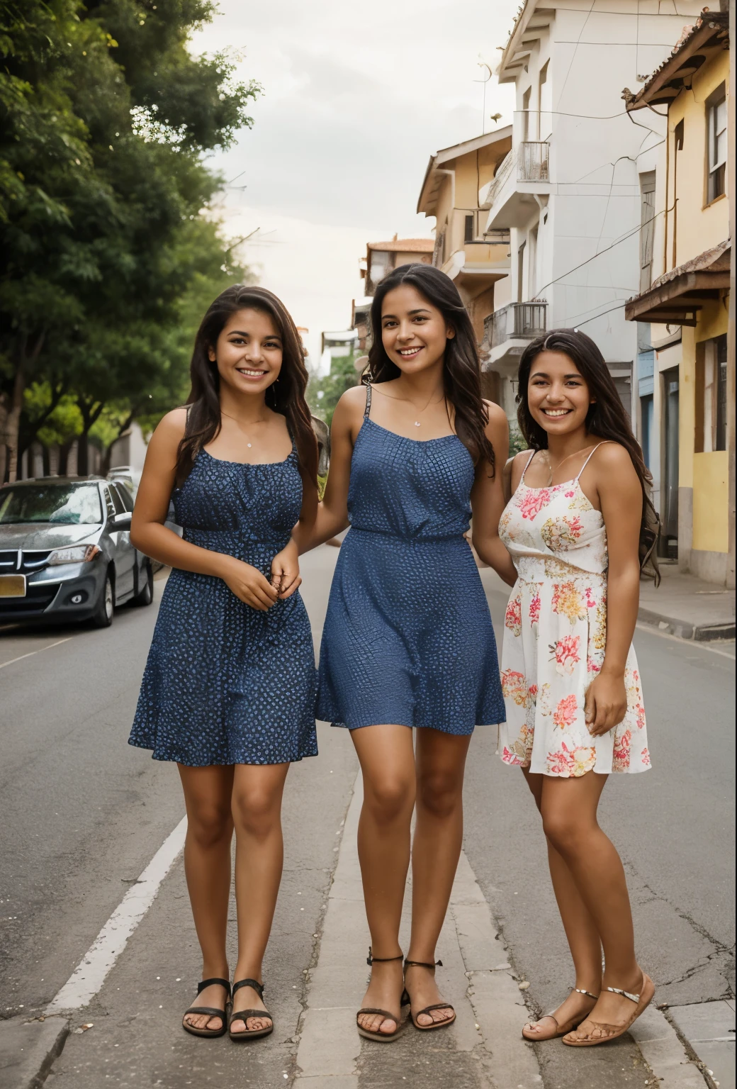 cheerful latina mother and her two daughters, wearing short summer dresses, standing on the street, with skinned knees, hands, elbows and shourlders after a nasty motorbike accident