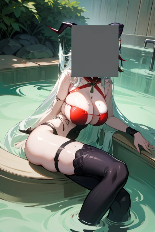 A hot spring resort in the mountains of Japan,beautiful mountain in background々,(Hot water smoke obstructing the view Water vapor rising from the bathtub:1.3),(Rock bath open-air bath:1.3),Blushing cheeks、shyly smile、(beautiful a girl)、Blush with embarrassment、Enraptured eyes、A smile that beguiles the viewer、skin glistening with sweat、a necklace、piercings、pointed red mouth,Perfect round face,,Proper body proportion,Intricate details,Very delicate and beautiful hair,photos realistic,Dreamy,Professional Lighting,realistic shadow,Solo Focus,Beautiful hands,Beautiful fingers,Detailed finger features,Detailed arm functions,detailed clothes features,Detailed hair features,detailed facial features,(masutepiece,top-quality,Ultra-high resolution output image,) ,(The 8k quality,),(Image Mode Ultra HD,), massive lovely breasts, black tight bikini, back resting on side of hot tub, photographer in tub and shorter than girl, body mostly submerged in water