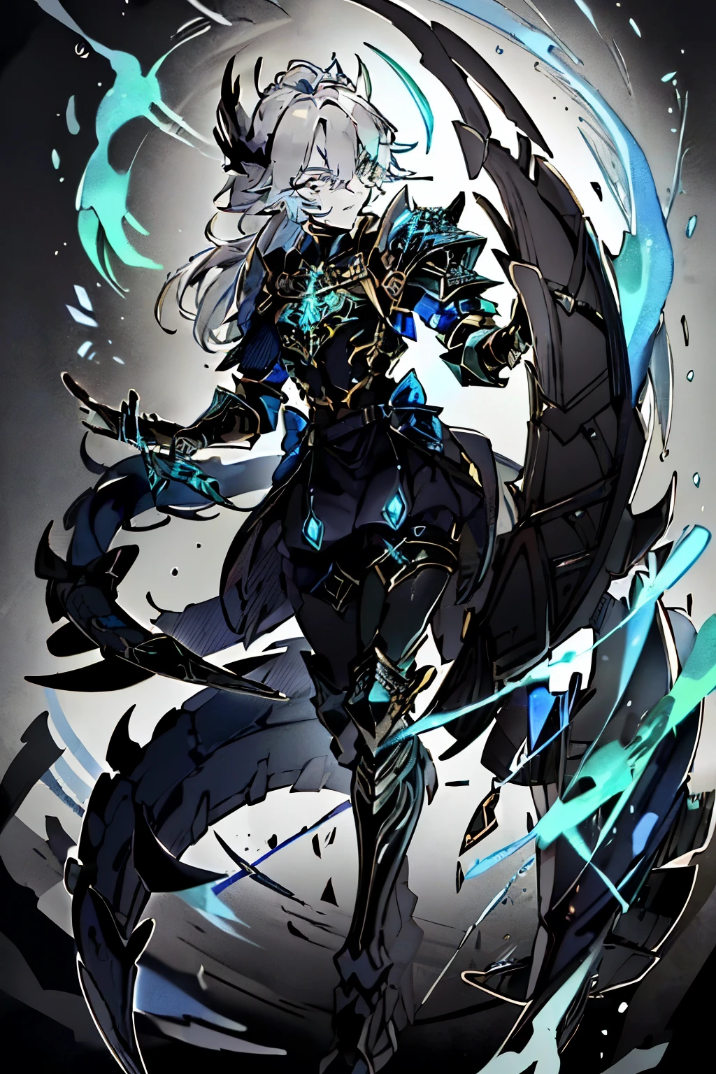 an anime man 1.80 tall (long silver hair) with (green eyes) with (a scar on his forehead in x) and (several runes on his body with a blue color but the most striking is one that resembles a dragon in its back) (a black tail

clothes (he wears a torn cloak and a chest piece together and shoulder pads made of old plates with a symbol of two dragons)

your weapon (it's a bow made of black steel with blue runes that attach to a blue stone in the middle of the bow)