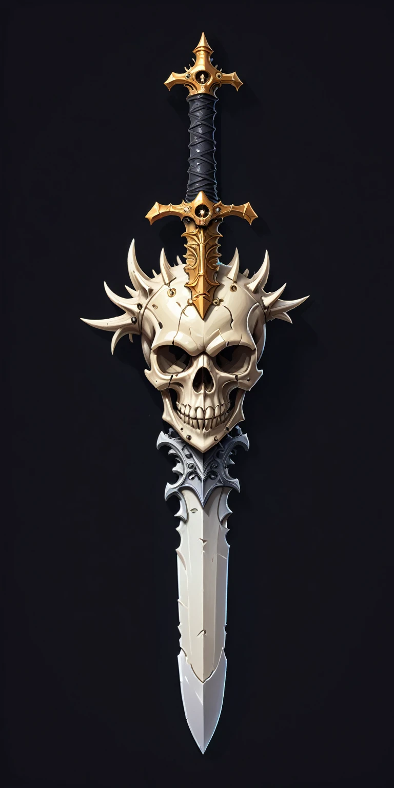 pixel art, cartoon illustration, bone spiked sword, skull, simple black background, game icon