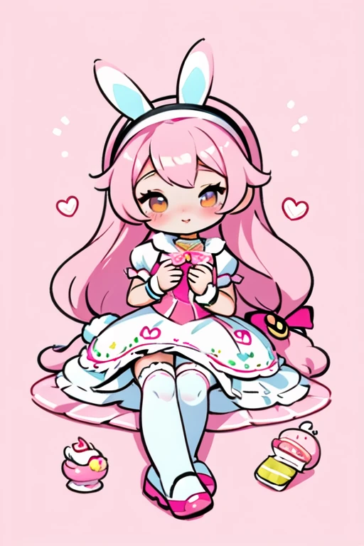 there is a woman sitting on a bed with a cake, belle delphine, fairycore, anime barbie in white stockings, ❤🔥🍄🌪, ultrarealistic sweet bunny girl, anime barbie doll, style of magical girl, pink girl, candy girl, pink pastel, bunny girl, ball jointed doll, candy pastel, lolita style, kawaii aesthetic