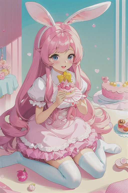 there is a woman sitting on a bed with a cake, belle delphine, fairycore, anime barbie in white stockings, ❤🔥🍄🌪, ultrarealistic sweet bunny girl, anime barbie doll, style of magical girl, pink girl, candy girl, pink pastel, bunny girl, ball jointed doll, candy pastel, lolita style, kawaii aesthetic