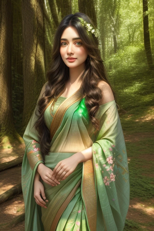 **Goddess of Wood**
   - **Appearance:** An enchanting woman with emerald-green eyes,she is wearing a Linen saree adorned with floral prints and earthy tones. Linen is a natural fabric that represents earthiness and sustainability. Floral prints symbolize the vitality and growth of wood, while earthy tones like greens and browns connect with the forest and foliage.
Her makeup is earthy, with green eyeshadow and natural, soft lips.
   - **Details:** Her hair is long and textured, streaked with shades of green, brown, and gold, resembling the foliage of a forest. The play of light and shade highlights the textures of wood and leaves, with sunlight filtering through the canopy.
   - **Composition:** The background is a vibrant palette of greens and browns, with colorful flowers adding contrast. The entire scene captures the lush and vibrant energy of a forest, with sharp focus on her detailed face and body.best quality,high resolution, ultra high res, extreme detailed, detailed face, RAW photo,realistic, photo-realistic,