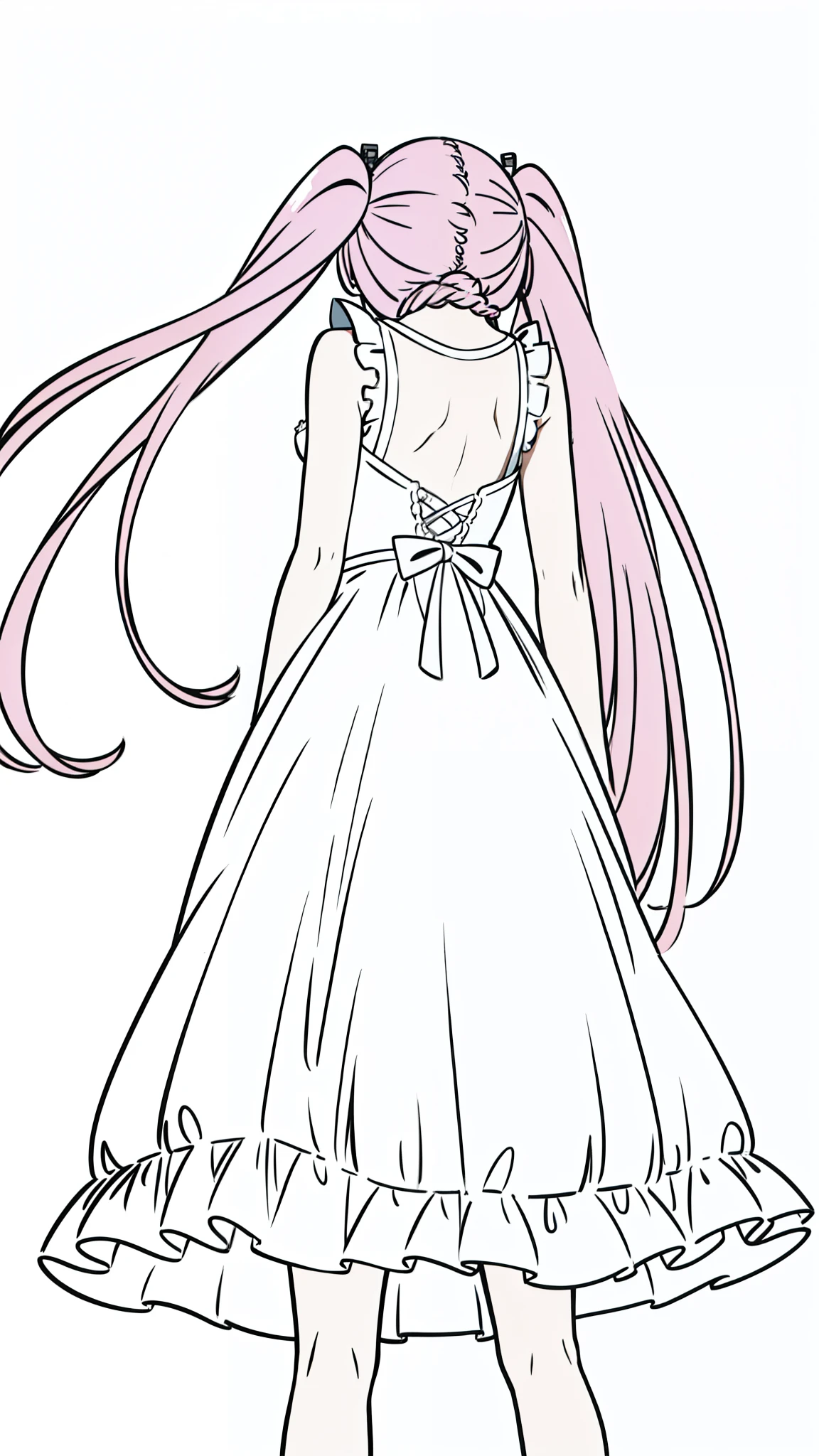 (1girl,12 years old,solo),pink hair,long hair,twintail,(medusa hair),simple dress,sleeveless,(white background,line drawing),headback,back view