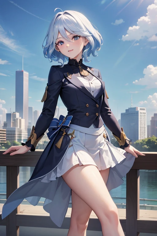 (highest quality,4K,High resolution,masterpiece:1.2),Very detailed,Beautiful details, Teenage body,Expressions of joy,Furina character, -yeld tepy expression,Walking around the city, Shiny Hair,brake,skirt, jaw piece