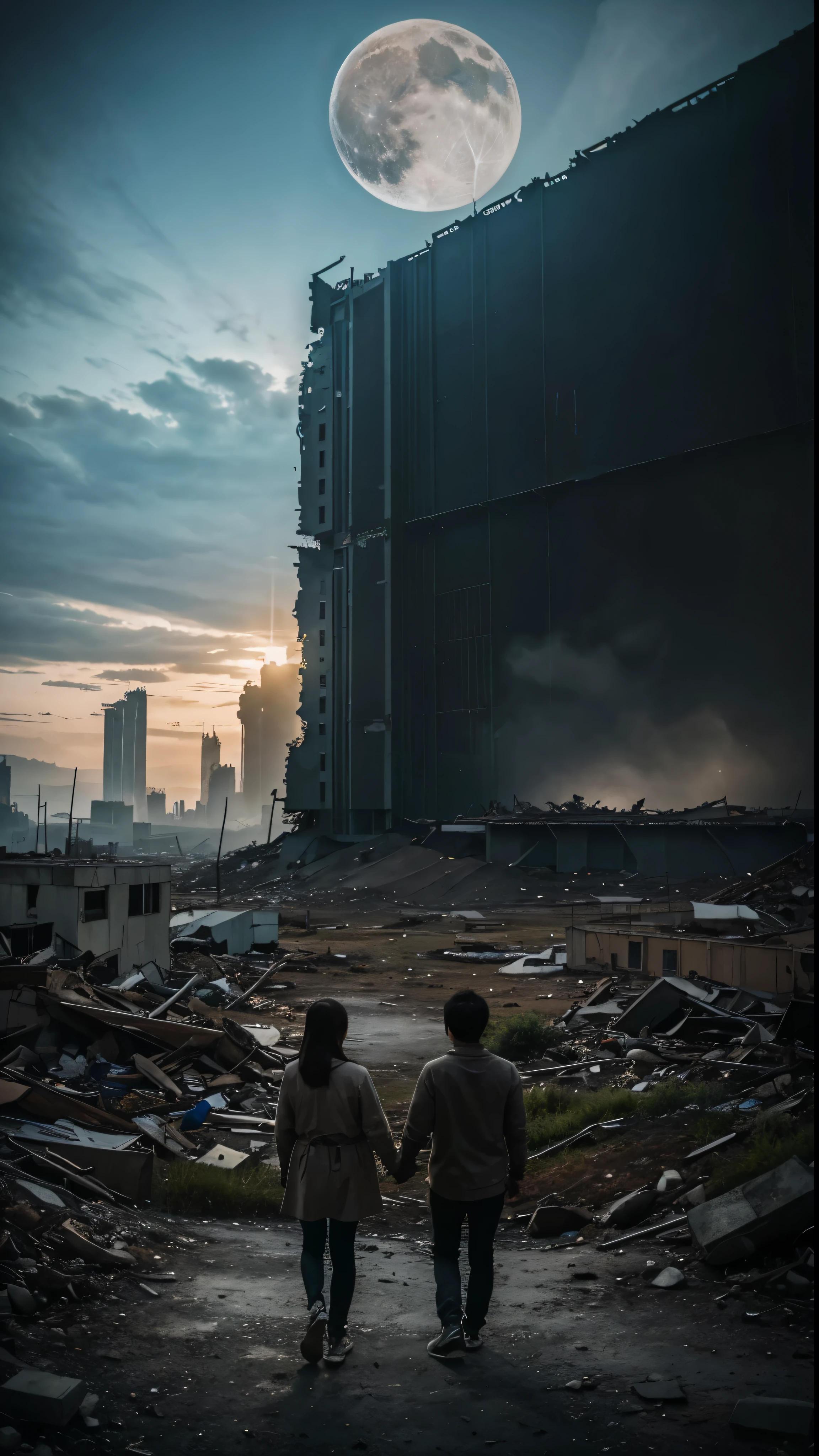 Fine Art Digital Painting、 Friendship in the Apocalypse、 Epic Realism、HDR 1.4、 Muted Colors 1.4、End of the world scenario、 Abandoned cityscape、 Neutral Toneoonlit Night、 screen space refraction、 Intricate details、Ultra detailed 1.2、 ArtStation quality、Cinematic Shot、 Vignette Effect、Complex background、 Ruins of an iconic building、 Two friends holding hands、 Emotional Intensity、longing、resilience、 Vignetting due to vastness、