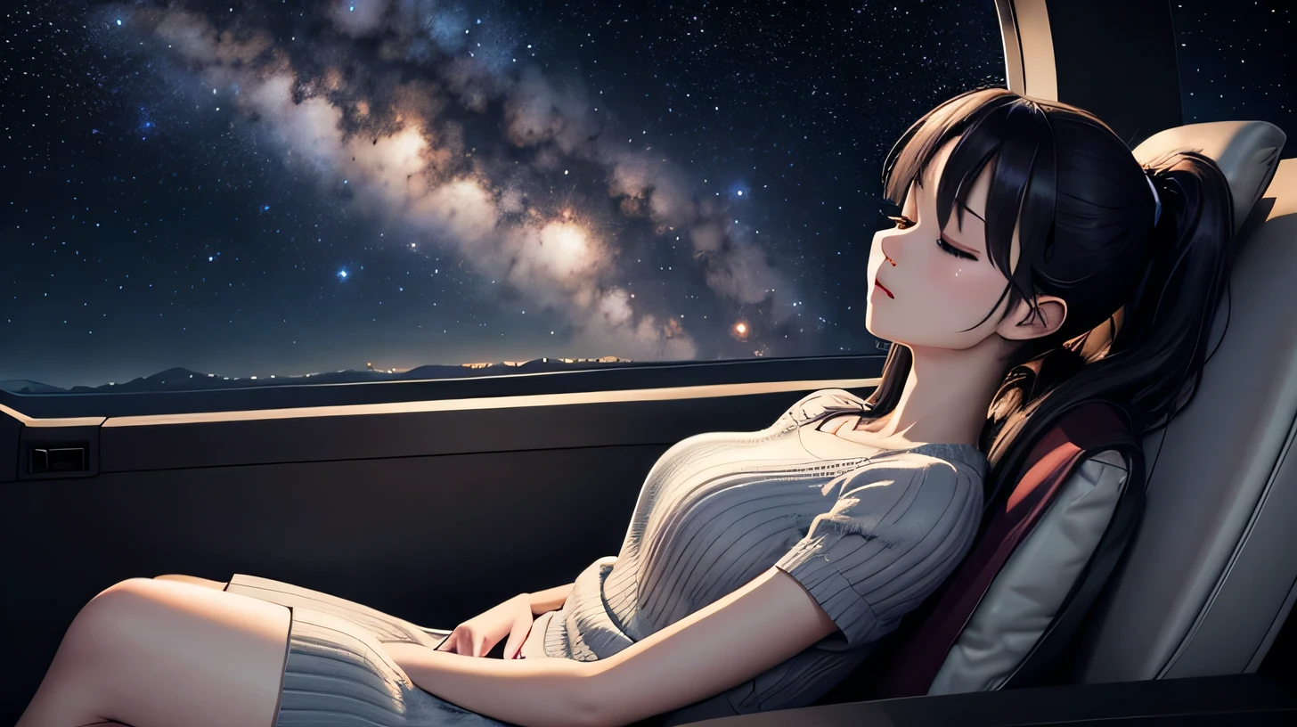 high quality、8k、Realistic anime drawings、In the dark planetarium、Stars on the wall、1 adult female、Age 25、（Long ponytail、skirt、knit）、（（lie down on a reclining seat、close your eyes、sleep、blanket））