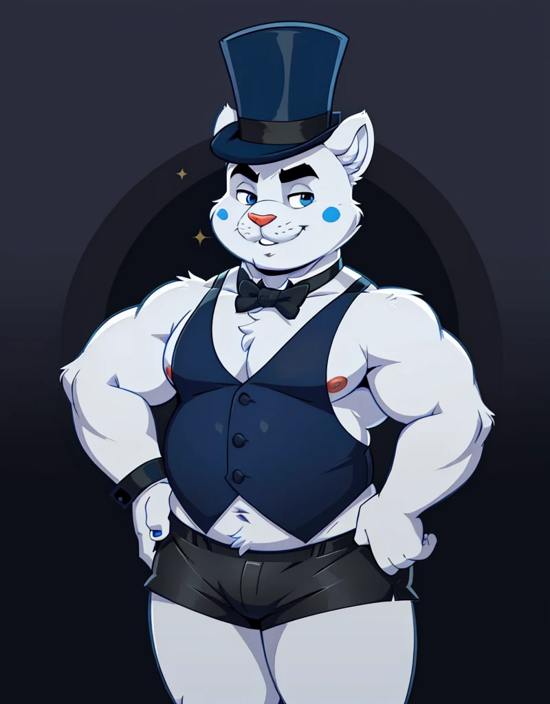 A gray chubby male shirtless anthropomorphic bunny wearing, black short shorts, royal blue top hat, black vest, royal blue bowtie, and black cuffs, posing seductively