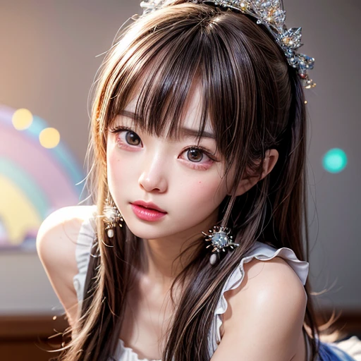 NSFW, 8k, High-level, absurd, masterpiece, best quality, primitive, very detailed CG, very detailed wallpaper, perfect lighting, Extremely detailed (((The personifying " Yukihira Risa " as a  Girl))), MysticSight, Tyndall effect, Tyndall scattering, Studio gray background with (many Dazzling RainbowColor particles BokeH:1.28), (RoundlyButts, ThighGap), (Exposed:0.4), (Assfocus with looking ahead), BREAK (NOGIZAKA face variations) Extremely Detailed very KAWAII face variations, perfect anatomy, Childish, captivating gaze, elaborate detailed Eyes with (sparkling highlights:1.28), long eyelashes、Glossy RED Lips with beautiful details, Coquettish tongue, Rosy cheeks, Radiant PearlSkin with clear transparency . { (Dynamic LifeLike expressions:1.4) | :d) }, (large eyes:-1) .