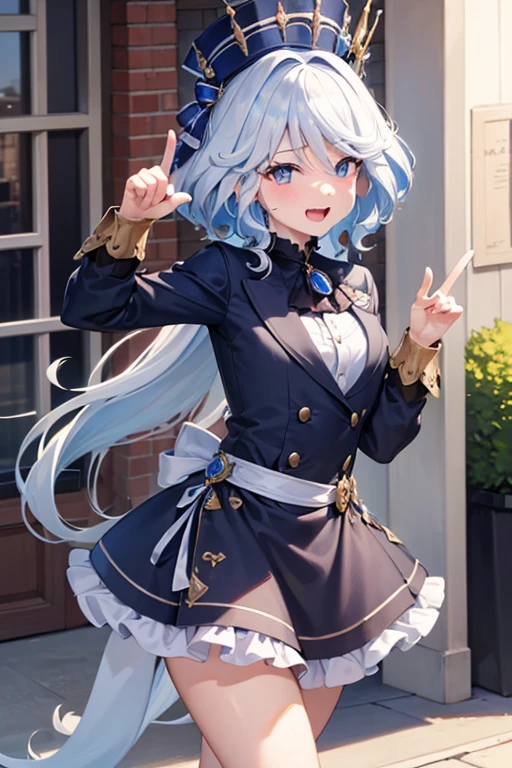 (highest quality,4K,High resolution,masterpiece:1.2),Very detailed,Beautiful details, age body,Expressions of joy,Furina character, 16-year-old teen,
Happy expression,Walking around the city, Shiny Hair,brake, waitress, pointing gesture