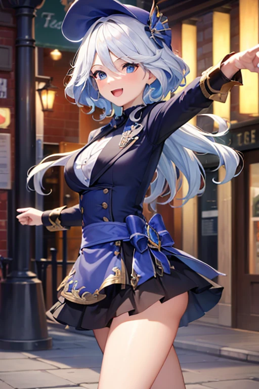 (highest quality,4K,High resolution,masterpiece:1.2),Very detailed,Beautiful details, age body,Expressions of joy,Furina character, 16-year-old teen,
Happy expression,Walking around the city, Shiny Hair,brake, waitress, pointing gesture