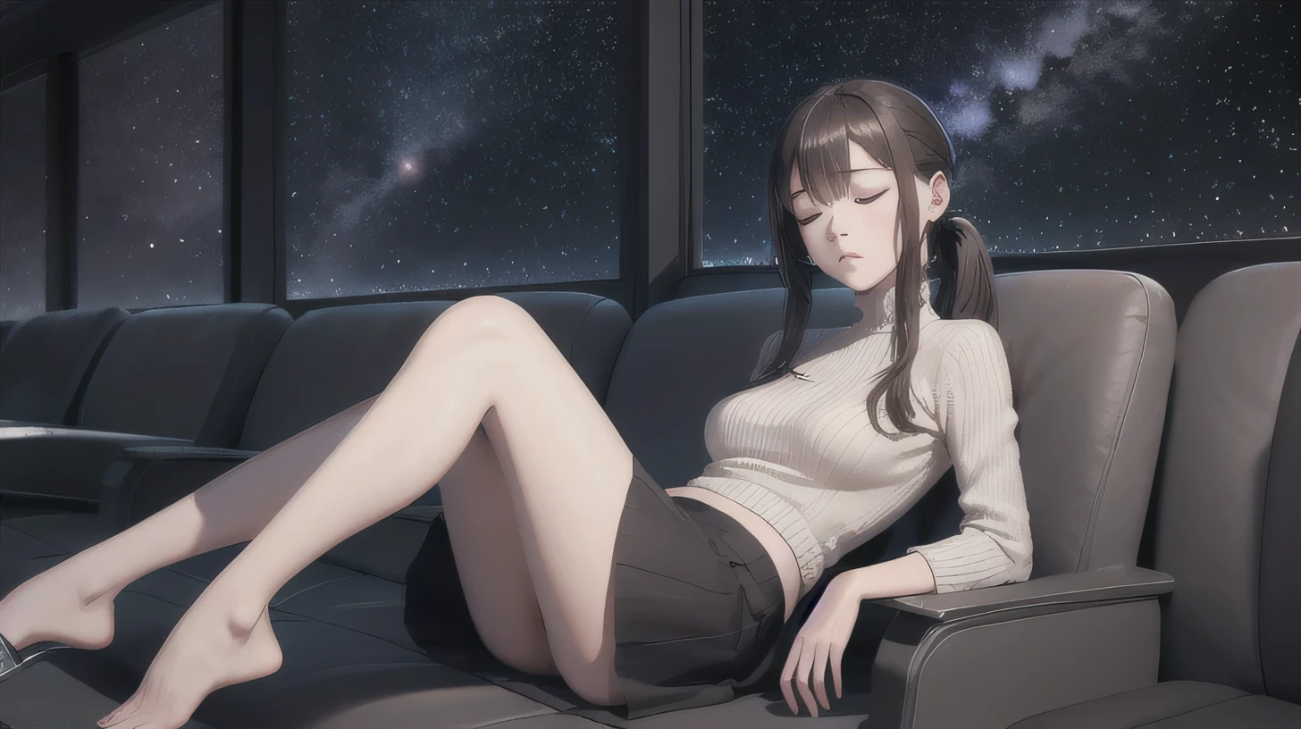 high quality、8k、Realistic anime drawings、In the dark planetarium、Stars on the wall、1 adult female、Age 25、(Long ponytail、skirt、knit)、((lie down on a reclining seat、close your eyes、sleep、blanket))