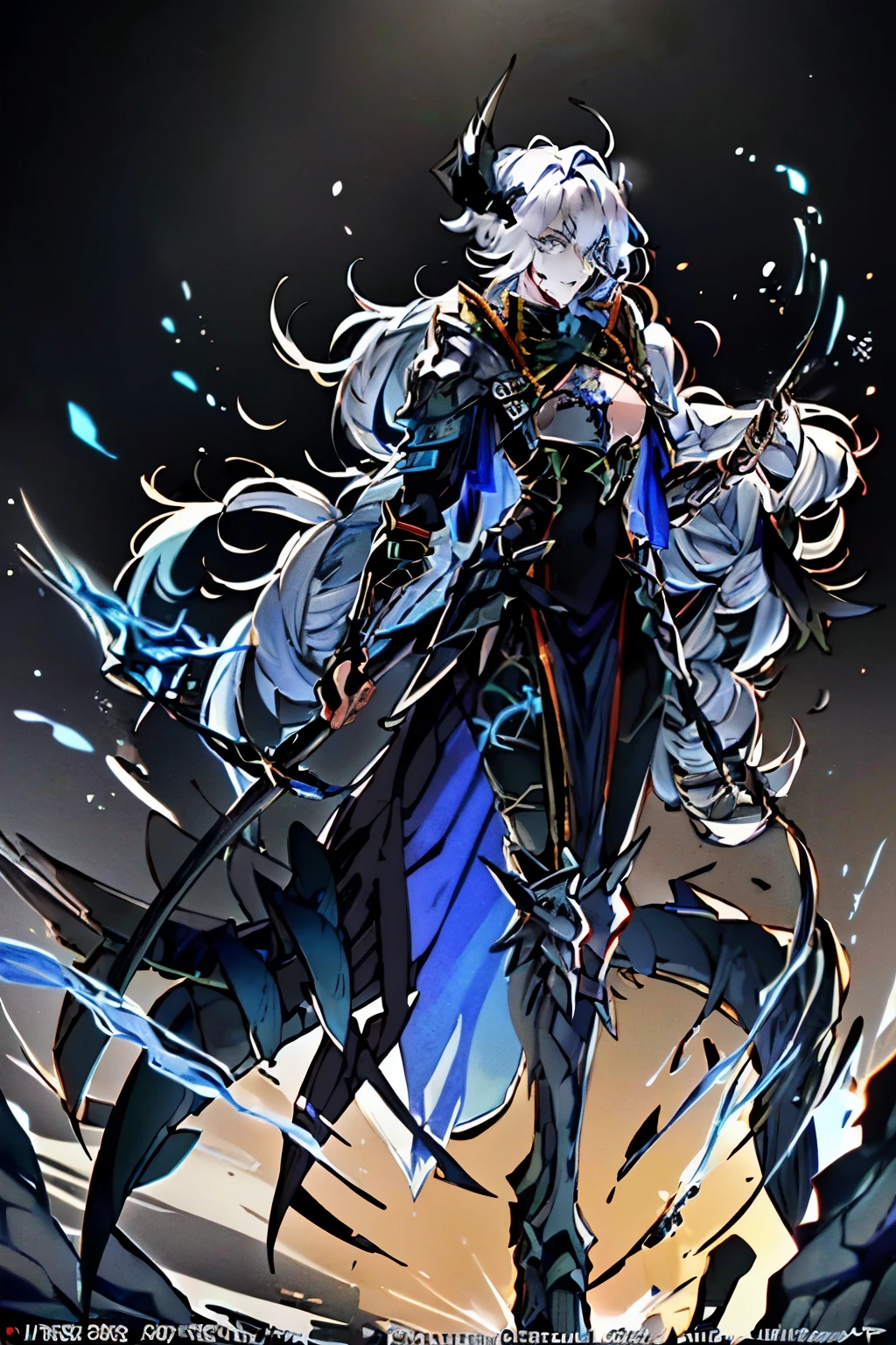 an anime man 1.80 tall (long silver hair) with (green eyes) with (a scar on his forehead in x) and (several runes on his body with a blue color but the most striking is one that resembles a dragon in its back) (a black tail

clothes (he wears a torn cloak and a chest piece together and shoulder pads made of old plates with a symbol of two dragons)

your weapon (it's a bow made of black steel with blue runes that attach to a blue stone in the middle of the bow)