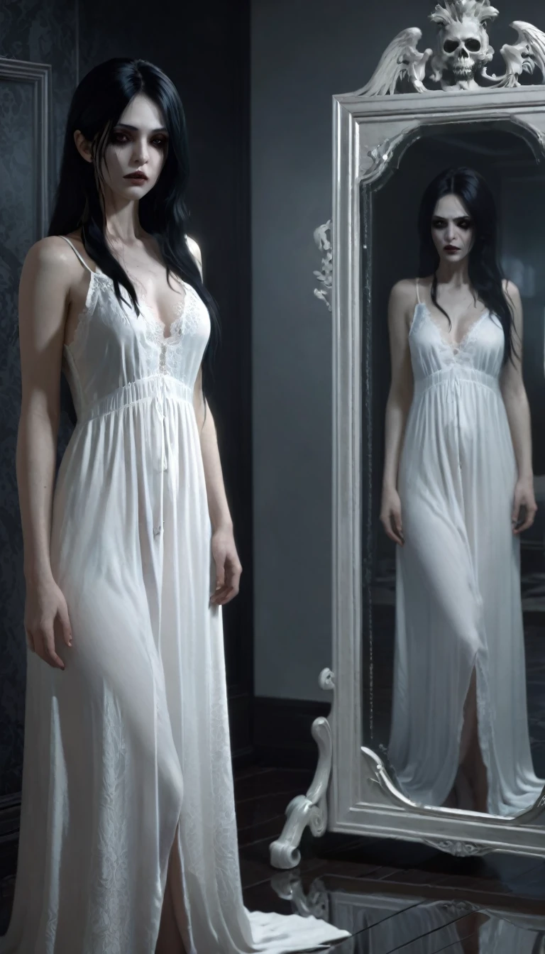 high resolution, better image quality, detailed character, 4k) A woman with black hair, wearing a white nightgown, (staring in the mirror) Her reflection is the same as her, but she has a macabre look, her reflection has a diabolical expression, its reflection in a terrifying version of it. (Room environment, dark environment, midnight)