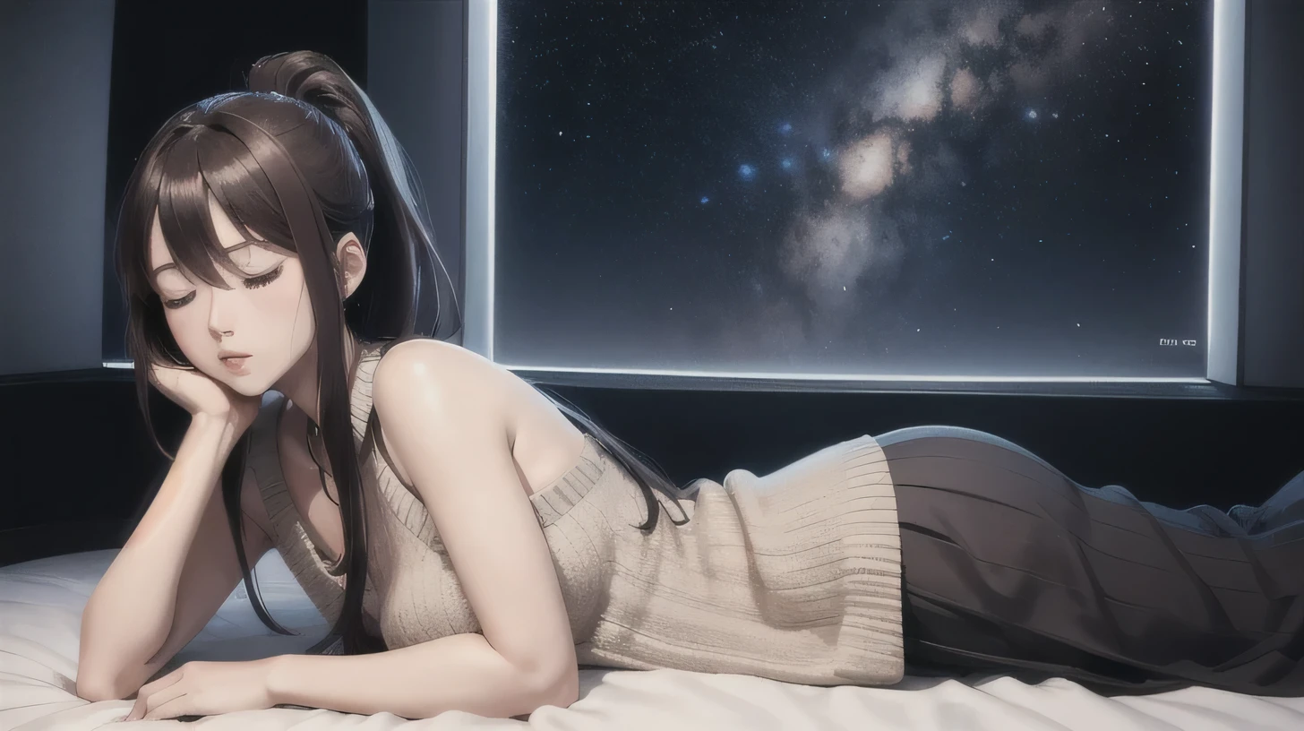 high quality、8k、Realistic anime drawings、In the dark planetarium、Stars on the wall、1 adult female、Age 25、（Long ponytail、skirt、knit）、（（lie down on a reclining seat、close your eyes、sleep、blanket））