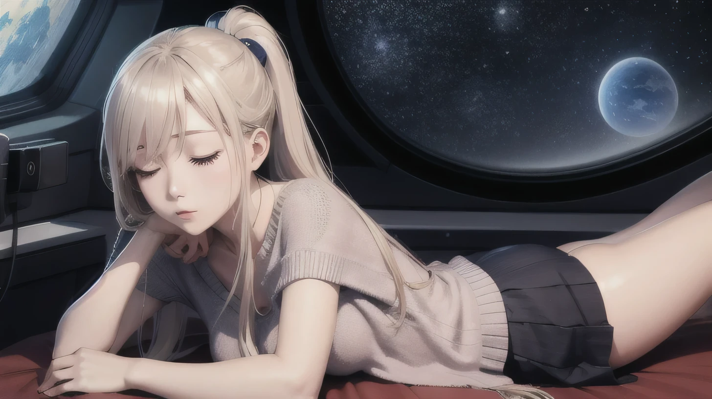 high quality、8k、Realistic anime drawings、In the dark planetarium、Stars on the wall、1 adult female、Age 25、(Long ponytail、skirt、knit)、((lie down on a reclining seat、close your eyes、sleep、blanket))